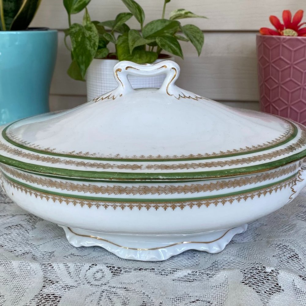 Vintage Crown Imperial Vienna Austria - Oval Covered Vegetable, Green Band, Gold